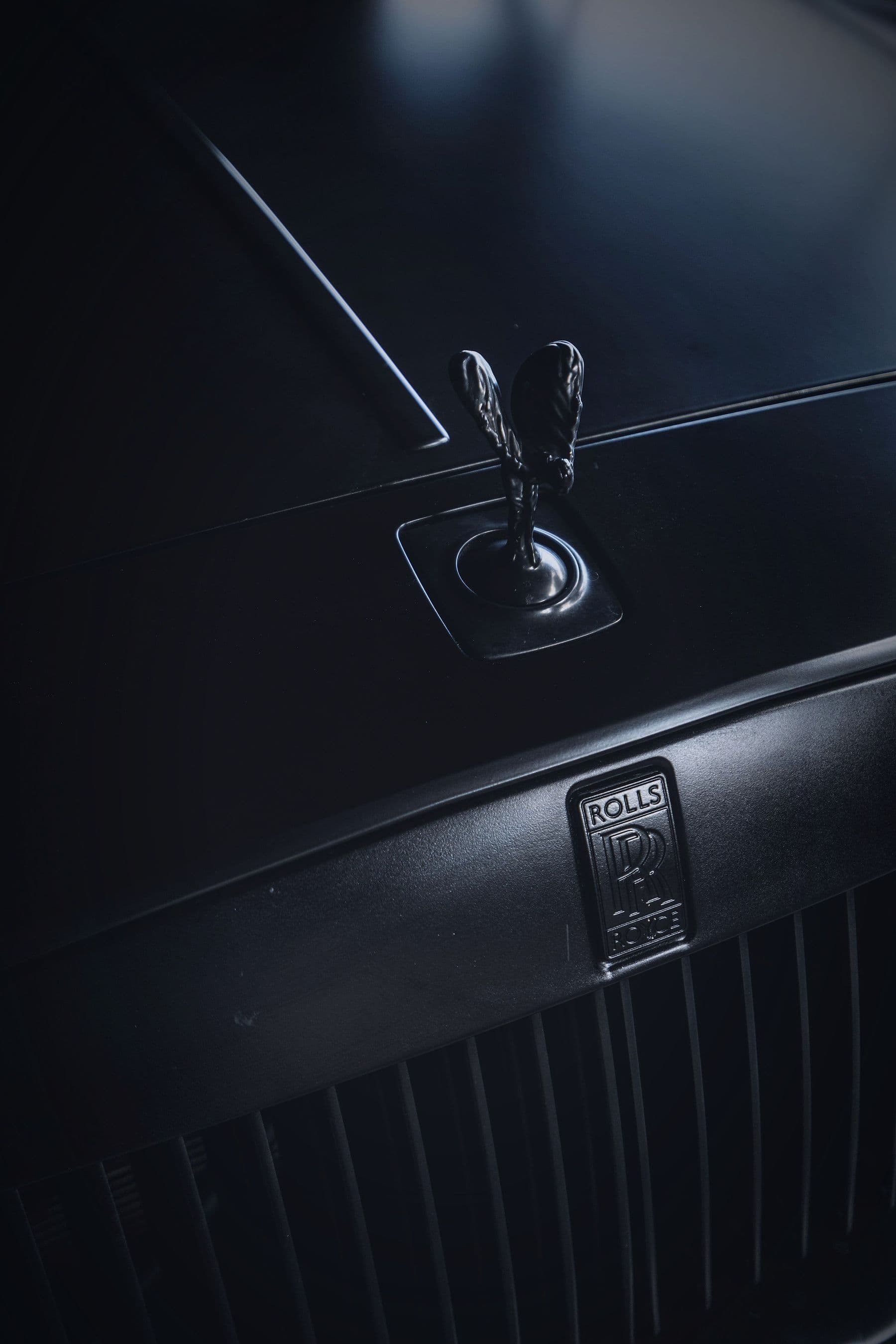 The Ghost's bonnet mascot and grille badge in satin black.